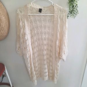 Mak Boho Open Front Open Knit Cardigan Sweater Cream Womens Size M L